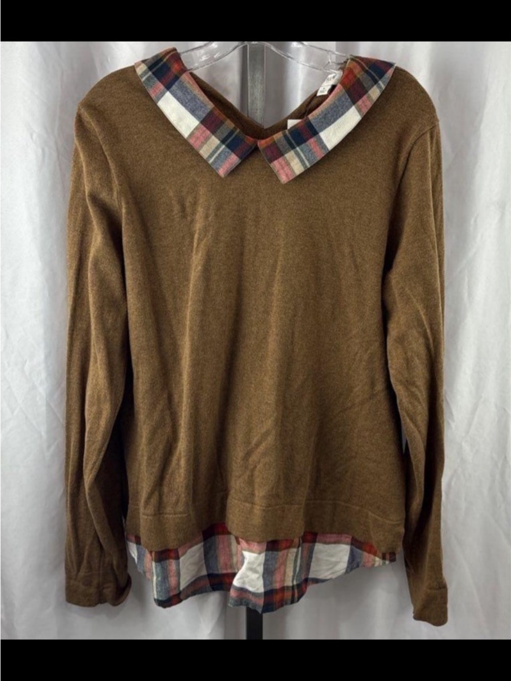 J. Crew Brown Crewneck Sweater with Plaid Trim